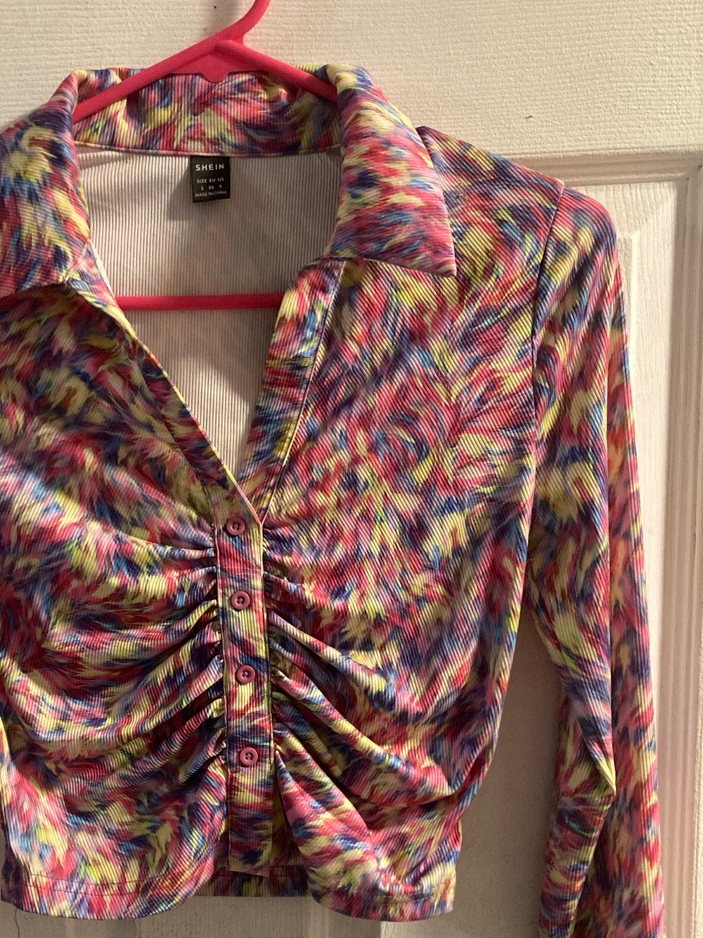SHEIN Pink Multi-Color Ruched Button Front Long Sleeve Shirt